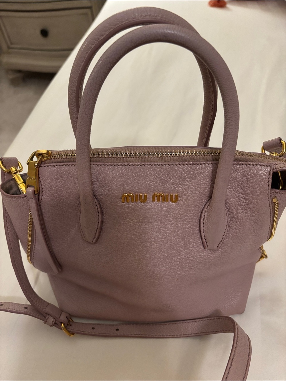 Miu Miu Mauve Pink Pebbled Leather Satchel with Gold Hardware
Authentic